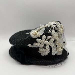 United Hatter Cap & Millinery Black Straw Lace Flowers Velvet Ribbon Ladies Hat